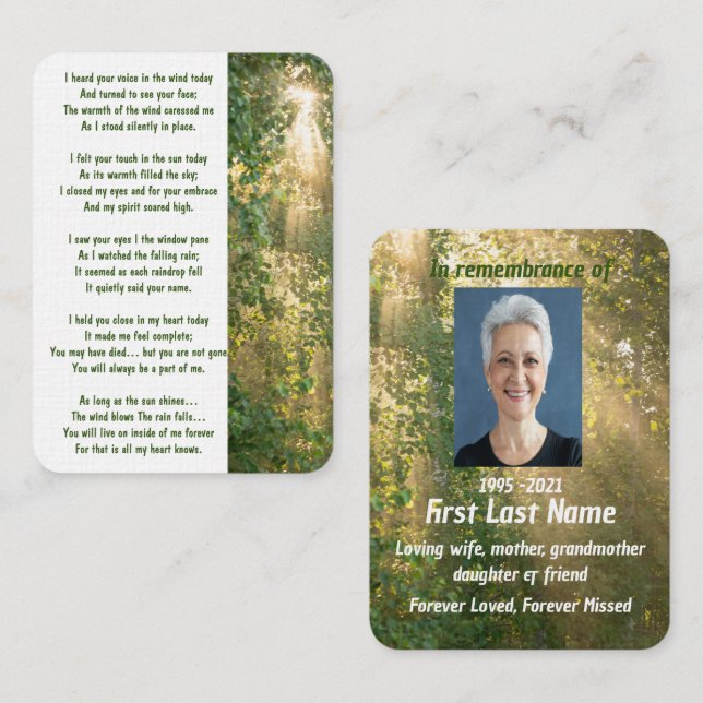 Memorial Photo Prayer Sunshine Forest Business Card (Front/Back)