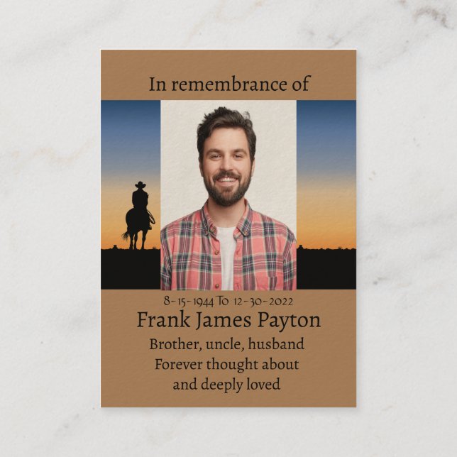 Memorial Photo Prayer Western Horse Back Riding  B Business Card (Back)