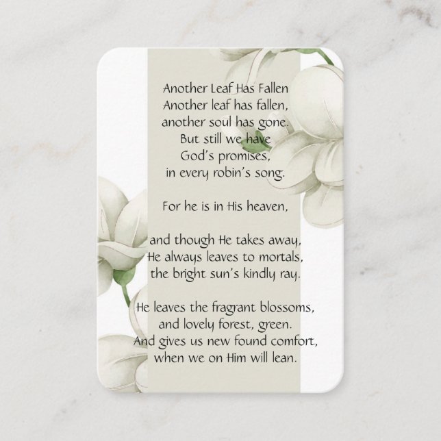 Memorial Photo Prayer White Flower Poem Christian Business Card (Front)