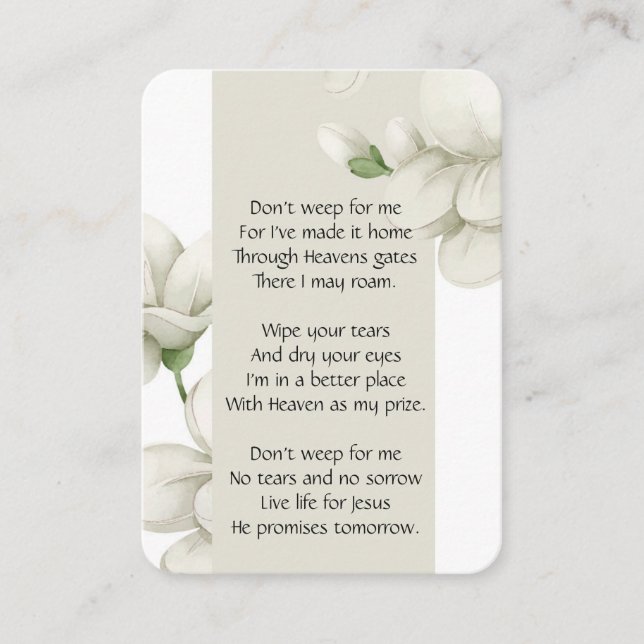 Memorial Photo Prayer White Flower Poem Christian  Business Card (Front)