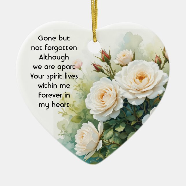 Memorial Photo Prayer White Roses Flowers Ceramic Ornament (Front)