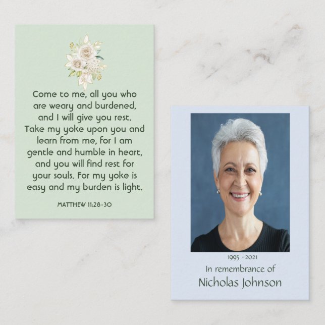 Memorial Photo Prayer White Roses Garden Bouquet  Business Card (Front/Back)