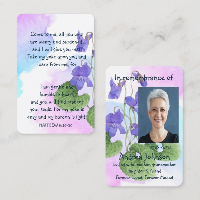Memorial Photo Prayer Wild Violet Pocket Custom Business Card (Front/Back)