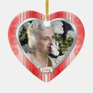 Memorial Photo Red White Heart Christmas Ceramic Ornament