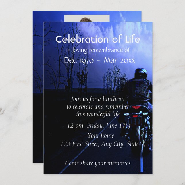 Memorial Photo Remembrance  Motorcycle Biker Invitation (Front/Back)