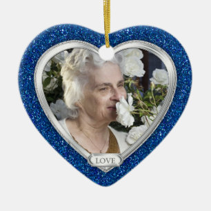 Memorial Photo Royal Blue Silver Heart Christmas Ceramic Ornament