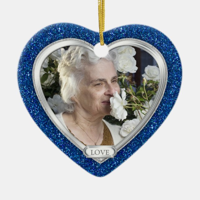 Memorial Photo Royal Blue Silver Heart Christmas Ceramic Ornament (Front)