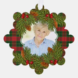 Memorial Photo Tartan Plaid Pine Boughs Christmas Tree Decoration Card