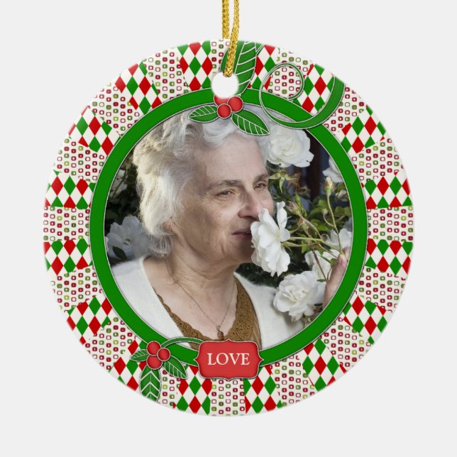 Memorial Photo Unique Red Green Christmas Ceramic Ornament (Front)