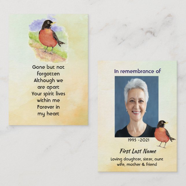 Memorial Photo  Watercolor Robin Garden Bird Business Card (Front/Back)