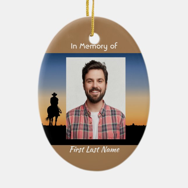 Memorial Photo Western Horse Back Riding  Ceramic Ornament (Back)