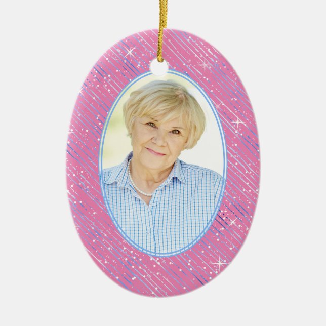 Memorial Pink Blue Stripes Oval Photo Christmas Ceramic Ornament (Front)