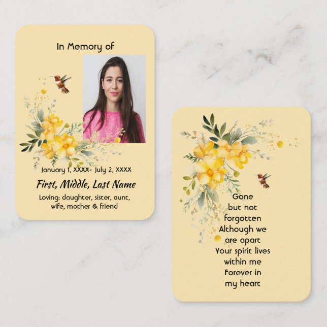 Memorial Pocket Card Hummingbird Yellow Roses  (Front/Back)