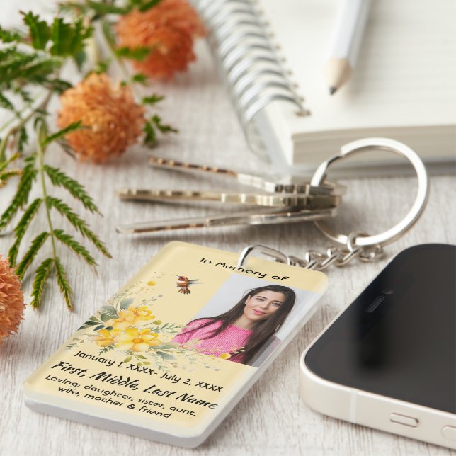 Memorial Pocket Card Hummingbird Yellow Roses  Key Ring (Front Right)
