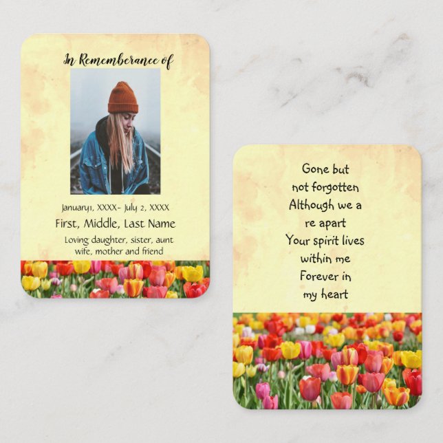 Memorial Pocket Keepsake Tulips Garden Flowers Business Card (Front/Back)