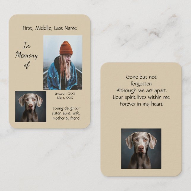 Memorial Pocket Keepsake Weimaraner Dog   Business Card (Front/Back)