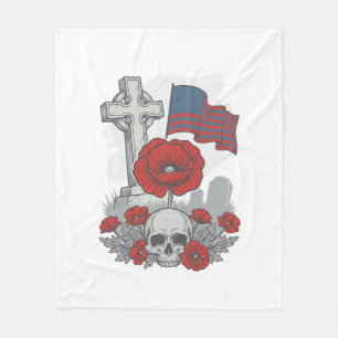 Memorial Poppy Flag Cross Vintage Engraving Vector Fleece Blanket