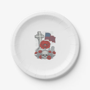 Memorial Poppy Flag Cross Vintage Engraving Vector Paper Plate