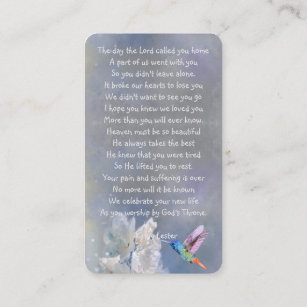Memorial Prayer Card Hummingbird White Flowers