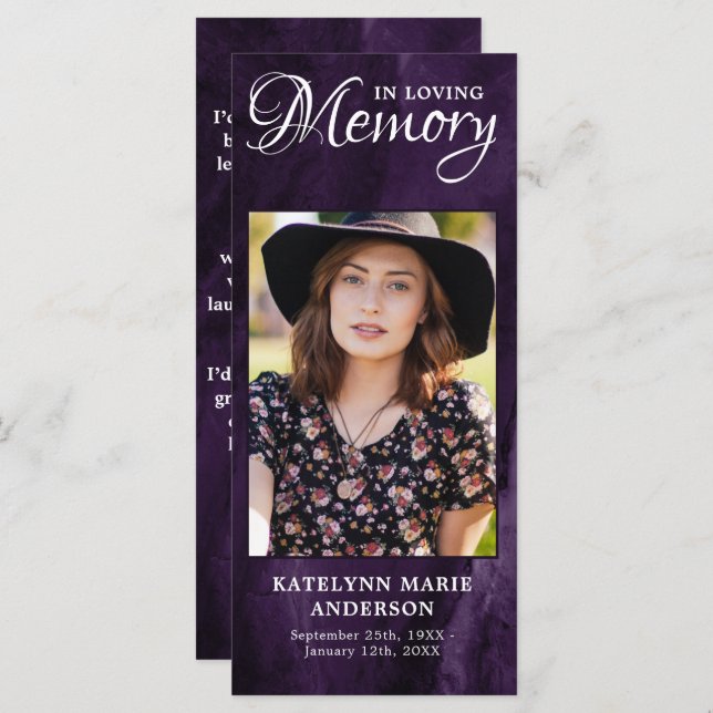 Memorial Prayer Card Purple Marble Funeral Photo  (Front/Back)
