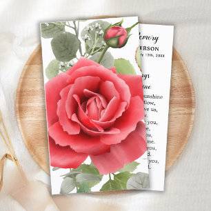 Memorial Red Rose Sympathy Funeral Prayer Card