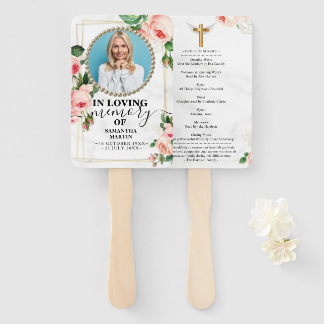 Memorial Rosy Celebration of Life Hand Fan (Front and Back)
