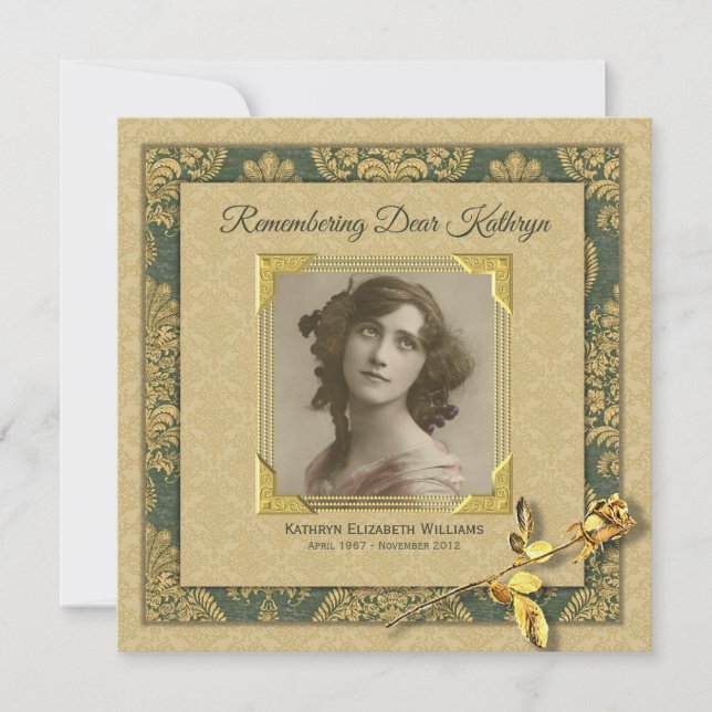 Memorial Service Add Your Photo Gold Damask Rose Invitation (Front)