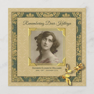 Memorial Service Add Your Photo Gold Damask Rose Invitation