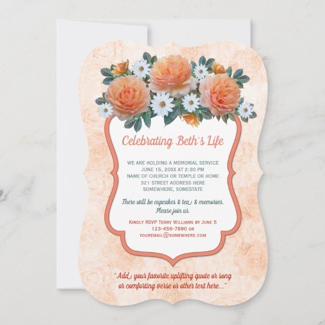 Memorial Service Apricot Roses White Daisies Photo Invitation (Back)
