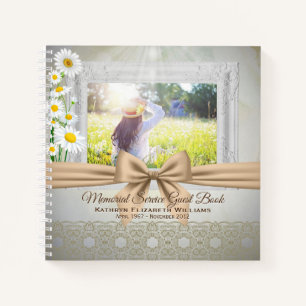 Memorial Service Beige Bow Daisies Photo Guestbook Notebook