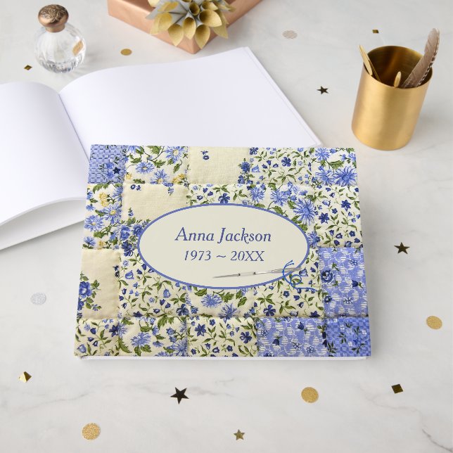 Memorial Service Blue Cornflower Patchwork Quilt Guest Book (Front Open)