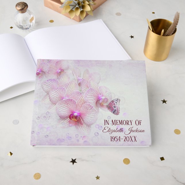 Memorial Service Butterfly On Pink Orchids Guest Book (Front Open)