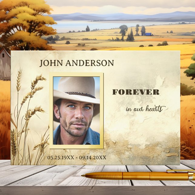 Memorial Service Country Photo Real Foil  Guest Book (Memorial guest book showing a custom photo framed by real gold foil on a country design with wheat.)