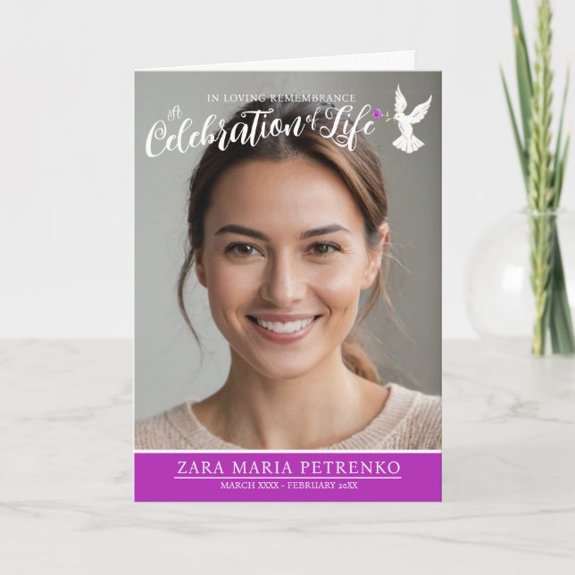 Memorial service funeral dove purple rose photo program (Front)