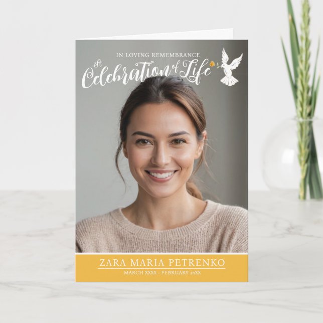 Memorial service funeral dove warm yellow photo program (Front)