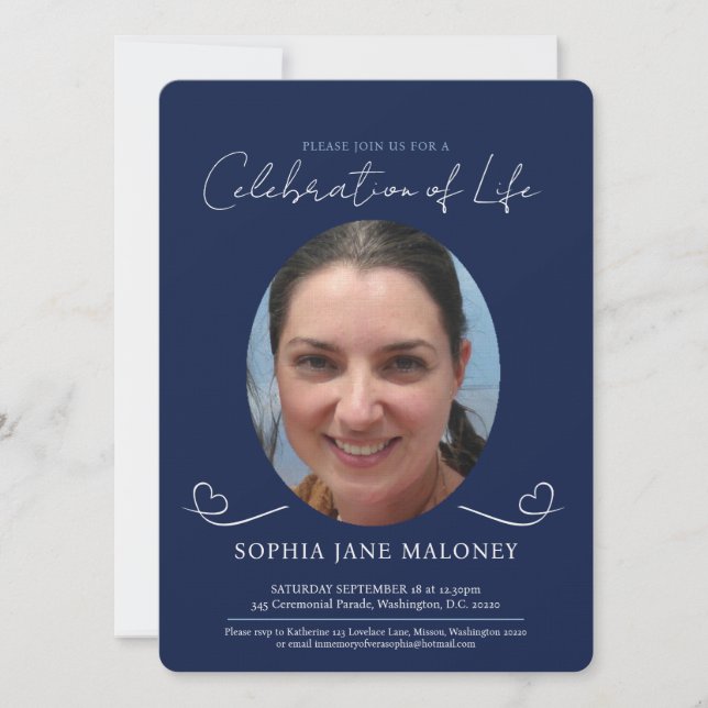 Memorial service funeral heart oval photo navy invitation (Front)