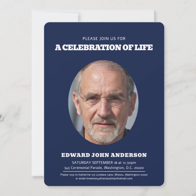 Memorial service heart oval photo blue white invitation (Front)