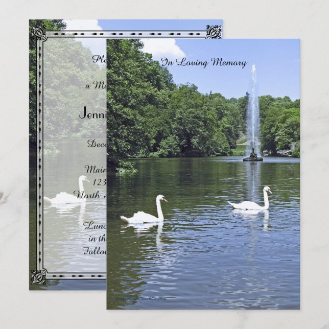 Memorial Service Invitation, Swans and Fountain Invitation (Front/Back)