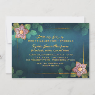 Memorial Service Invitation Turquoise Gold Floral