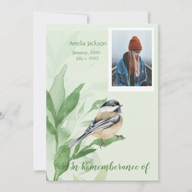 Memorial Service Invite Chickadee Bird Botanical (Front)