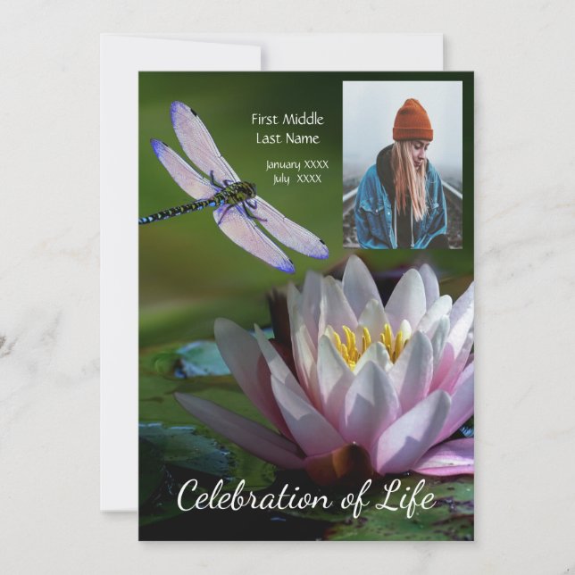 Memorial Service Invite Dragonfly Lotus Flower (Front)