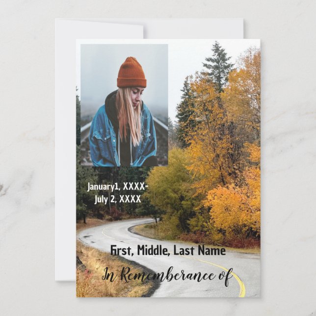 Memorial Service Invite Fall Road Autumn Leaves (Front)