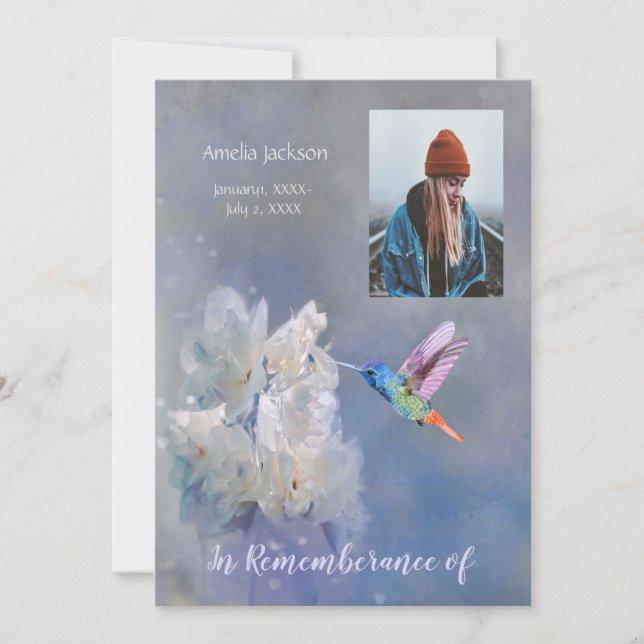 Memorial Service Invite Hummingbird  White Flowers (Front)