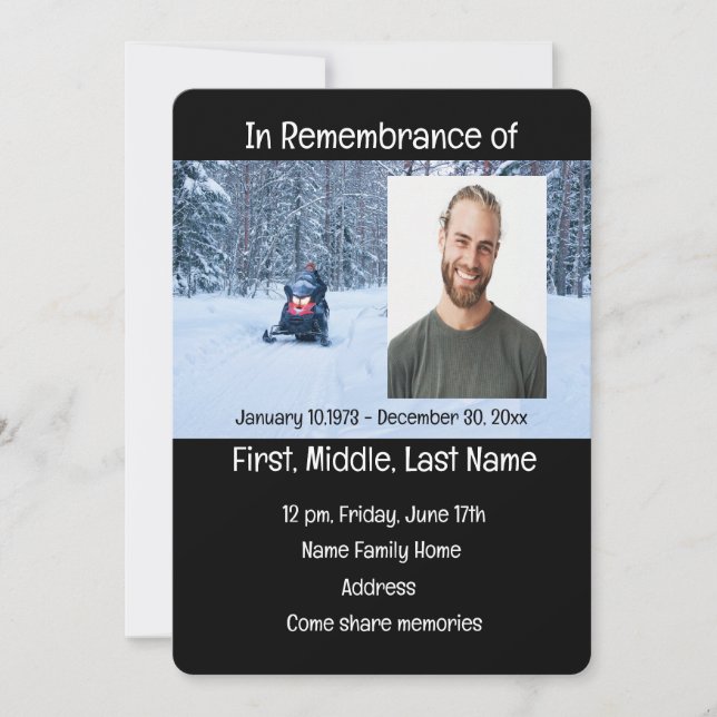 Memorial Service Invite Snow Mobile Winter Sports (Front)