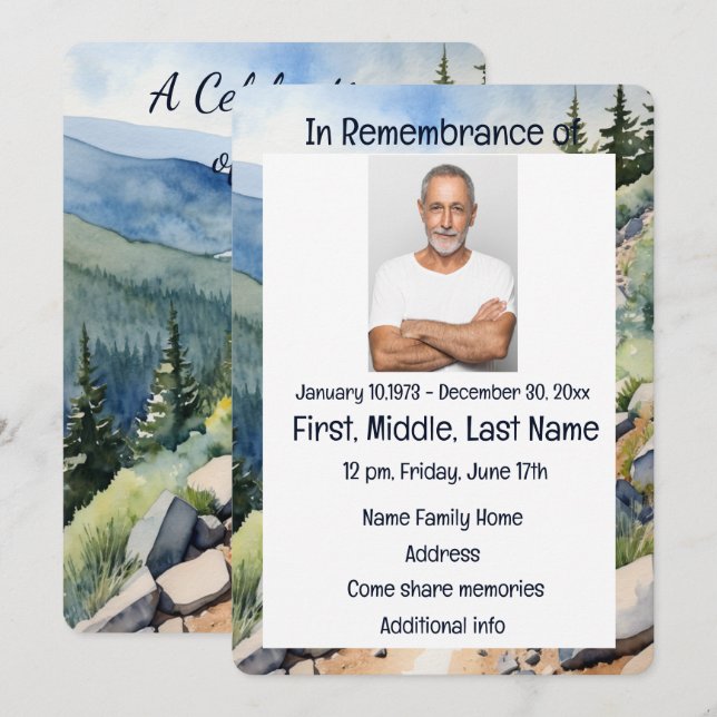 Memorial Service Invite Watercolor Biking Bike (Front/Back)