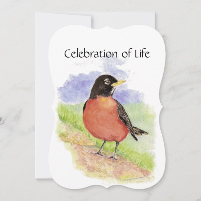 Memorial Service Invite Watercolor Robin Bird (Front)