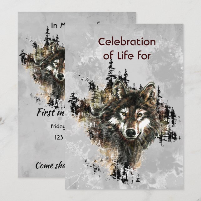 Memorial Service Invite Wolf Wolves Animal art (Front/Back)