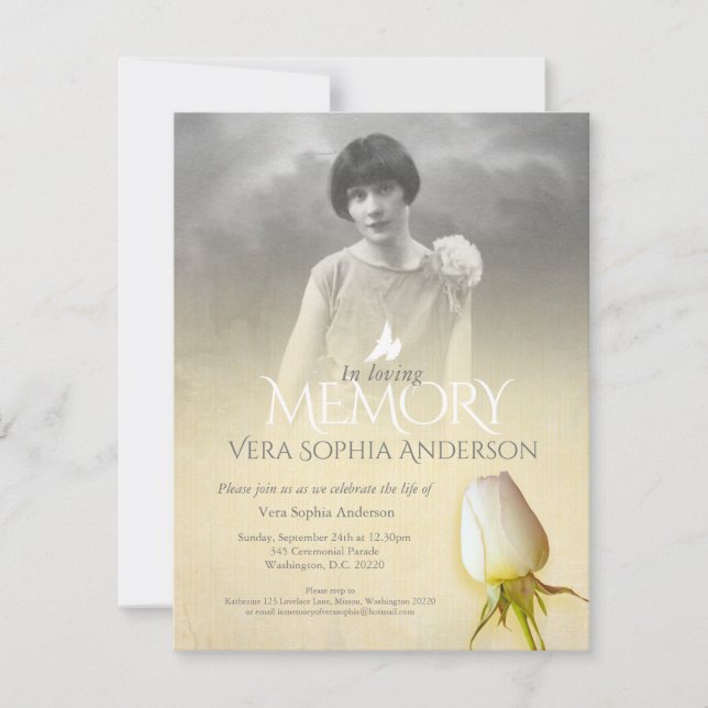 Memorial service photo cream rose funeral invitation (Front)