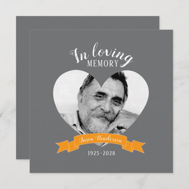 Memorial service photo heart orange ribbon invites (Front/Back)