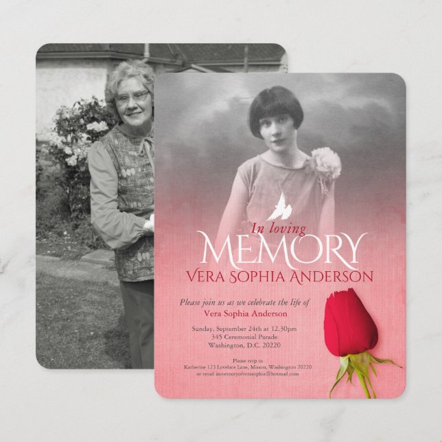 Memorial service photo single red rose funeral invitation (Front/Back)
